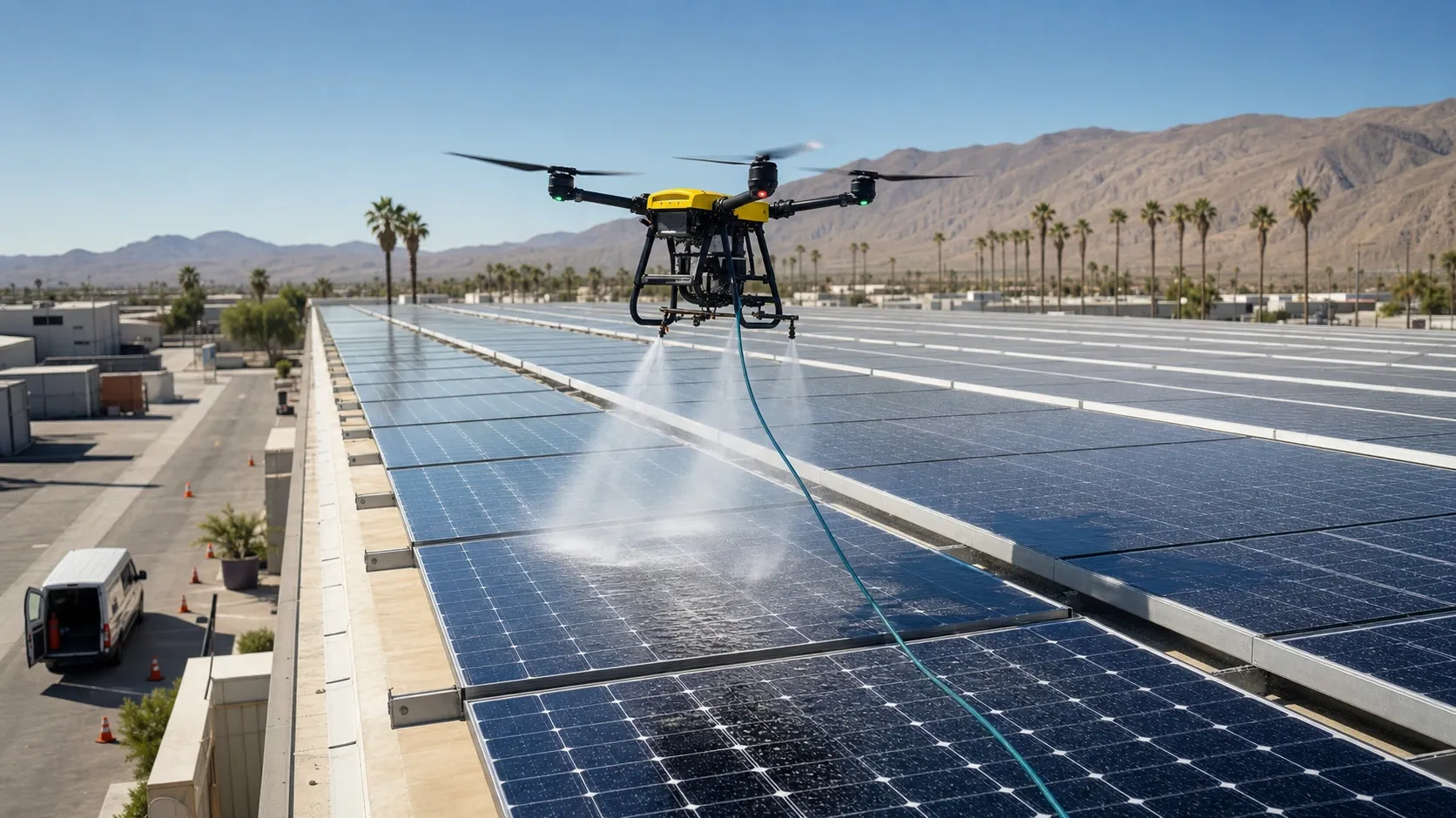 Yellow cleaning drone washing a commercial rooftop solar array in a desert business park.