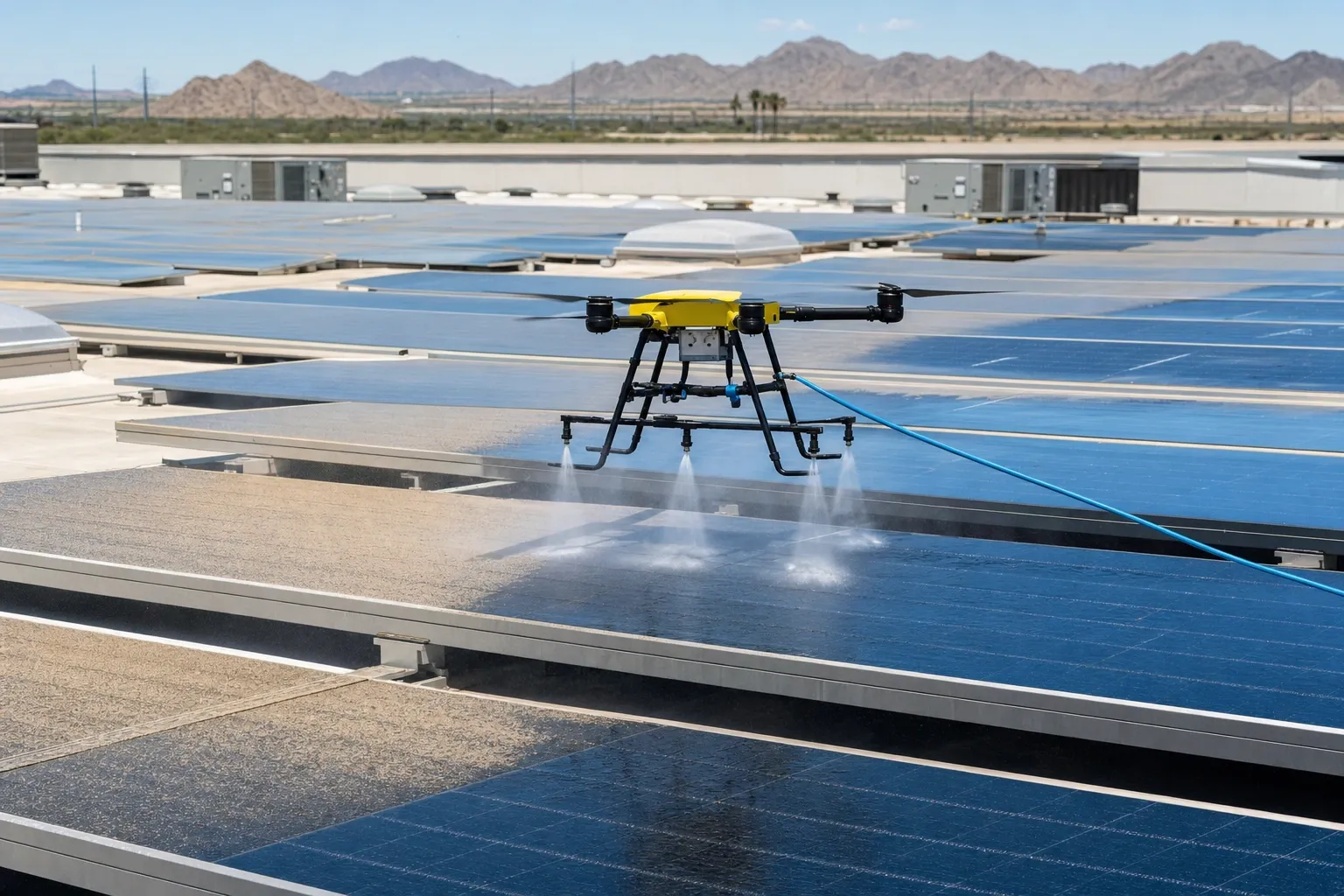Yellow cleaning drone spraying dusty commercial rooftop solar panels.