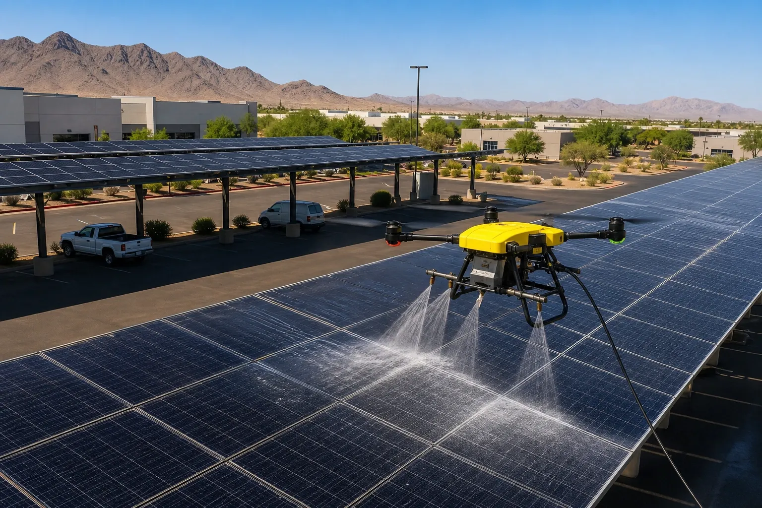 Yellow cleaning drone washing solar carport panels at a desert commercial property.