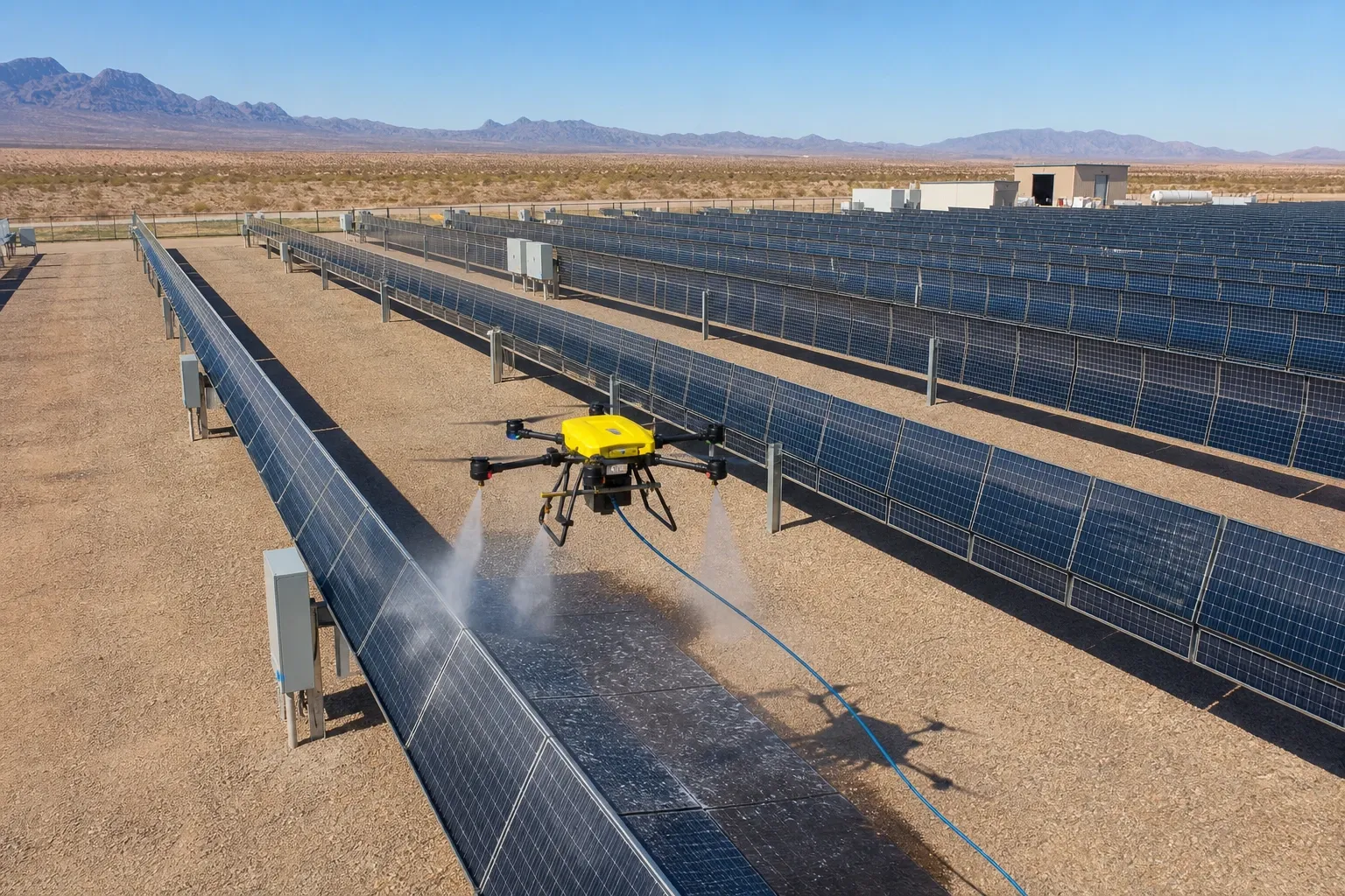 Yellow cleaning drone washing rows of ground-mounted commercial solar panels in the desert.